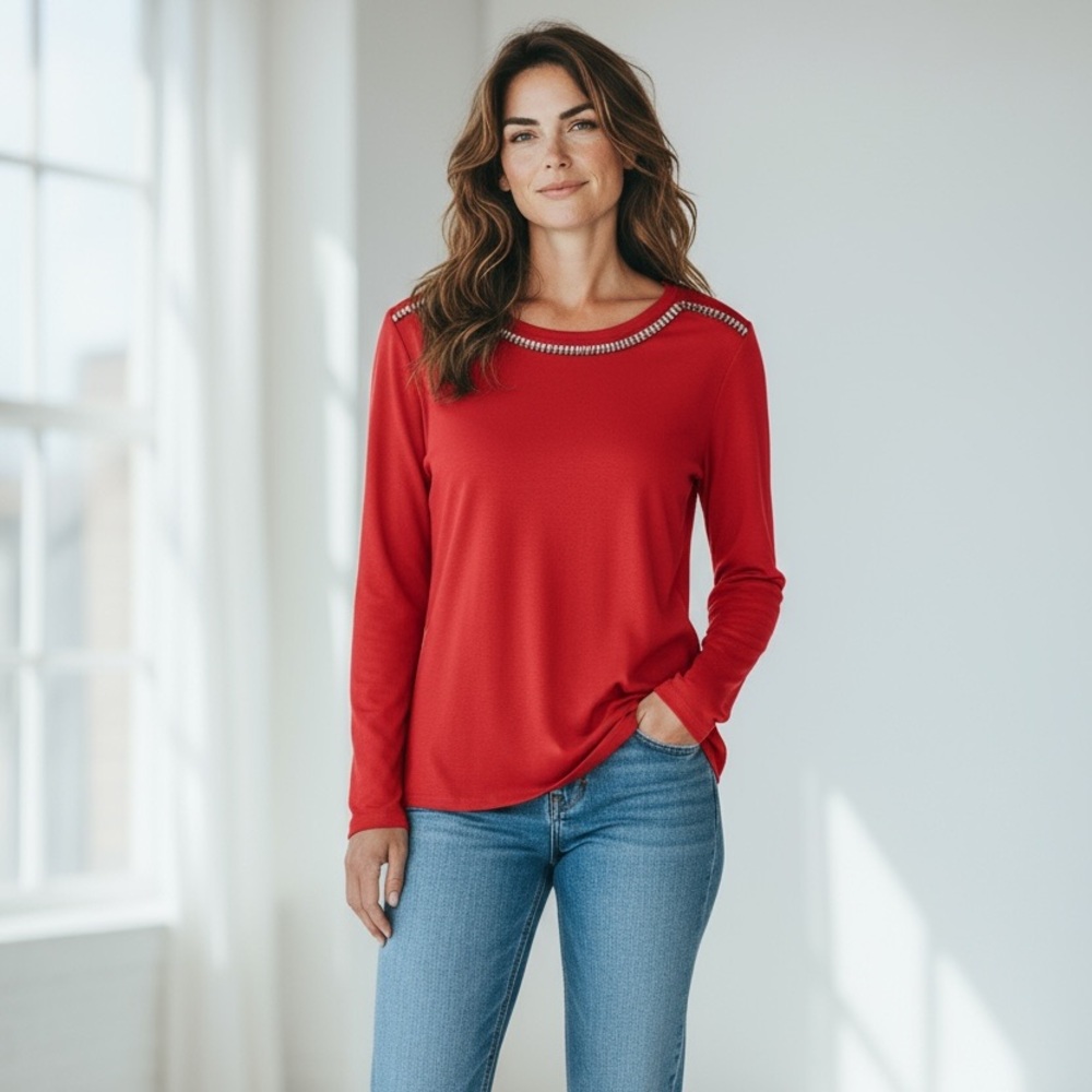 Calvin Klein Red Embellished Neckline Long Sleeve Top M